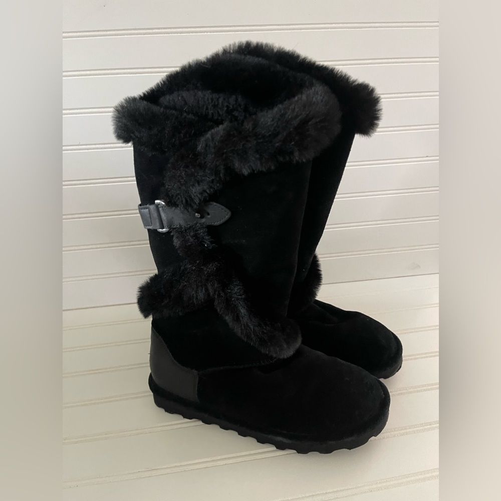 Bear Paw Womens Sheila Knee Boot Black Suede Wool Lining Shoe
